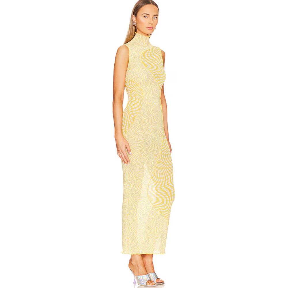 Camila Coelho NWT Lagoon Yellow Swirl Mesh Maxi Dress S Mock Neck Bodycon - Picture 3 of 13
